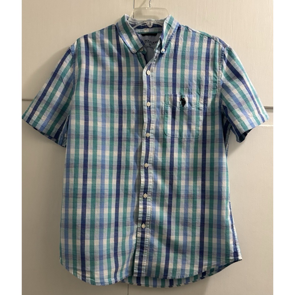 U.S. Polo Assn. Blue Plaid Short Sleeve Button Down Shirt - Size Medium